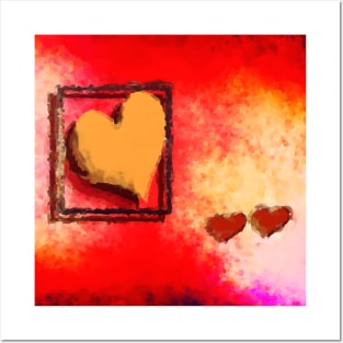 Golden Boxed Heart And Two Red Posters and Art